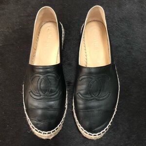 CHANEL Black Leather Espadrilles